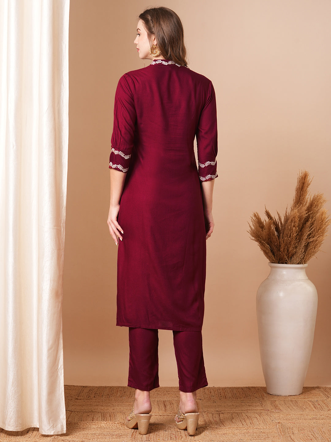 Solid Floral Embroidered Straight Fit Co-ord Set - Maroon