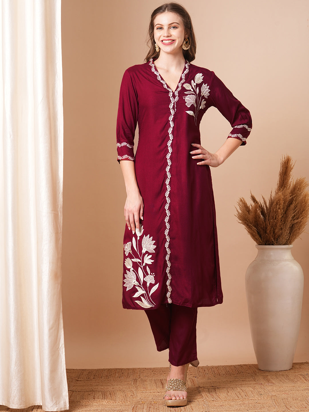 Solid Floral Embroidered Straight Fit Co-ord Set - Maroon