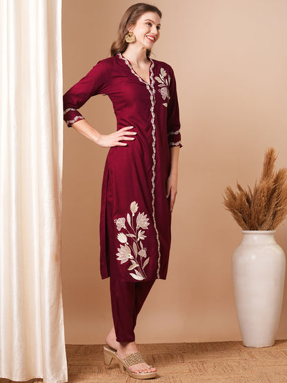 Solid Floral Embroidered Straight Fit Co-ord Set - Maroon