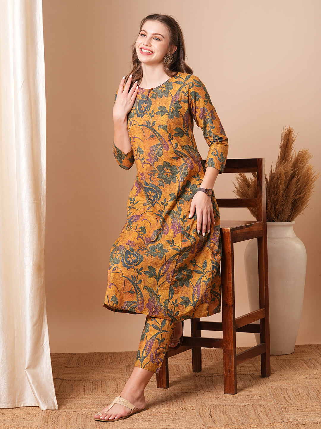 Ethnic Floral Printed Straight Fit Co-ord Set - Yellow