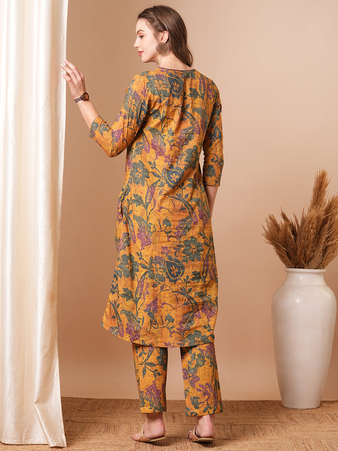 Ethnic Floral Printed Straight Fit Co-ord Set - Yellow