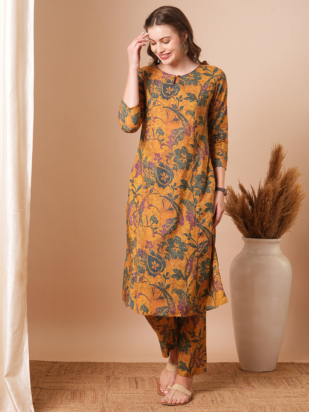 Ethnic Floral Printed Straight Fit Co-ord Set - Yellow