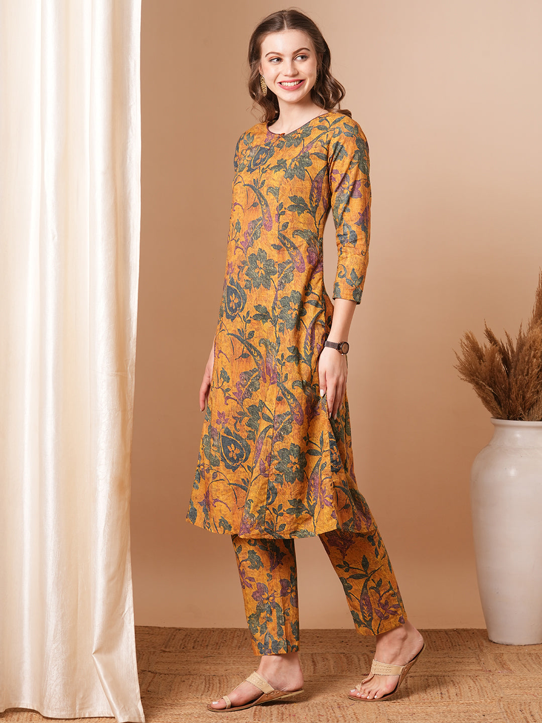 Ethnic Floral Printed Straight Fit Co-ord Set - Yellow