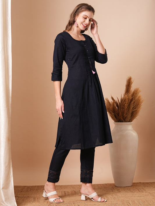 Solid Pin Tucked A-Line Cotton Flax Co-ord Set - Navy Blue