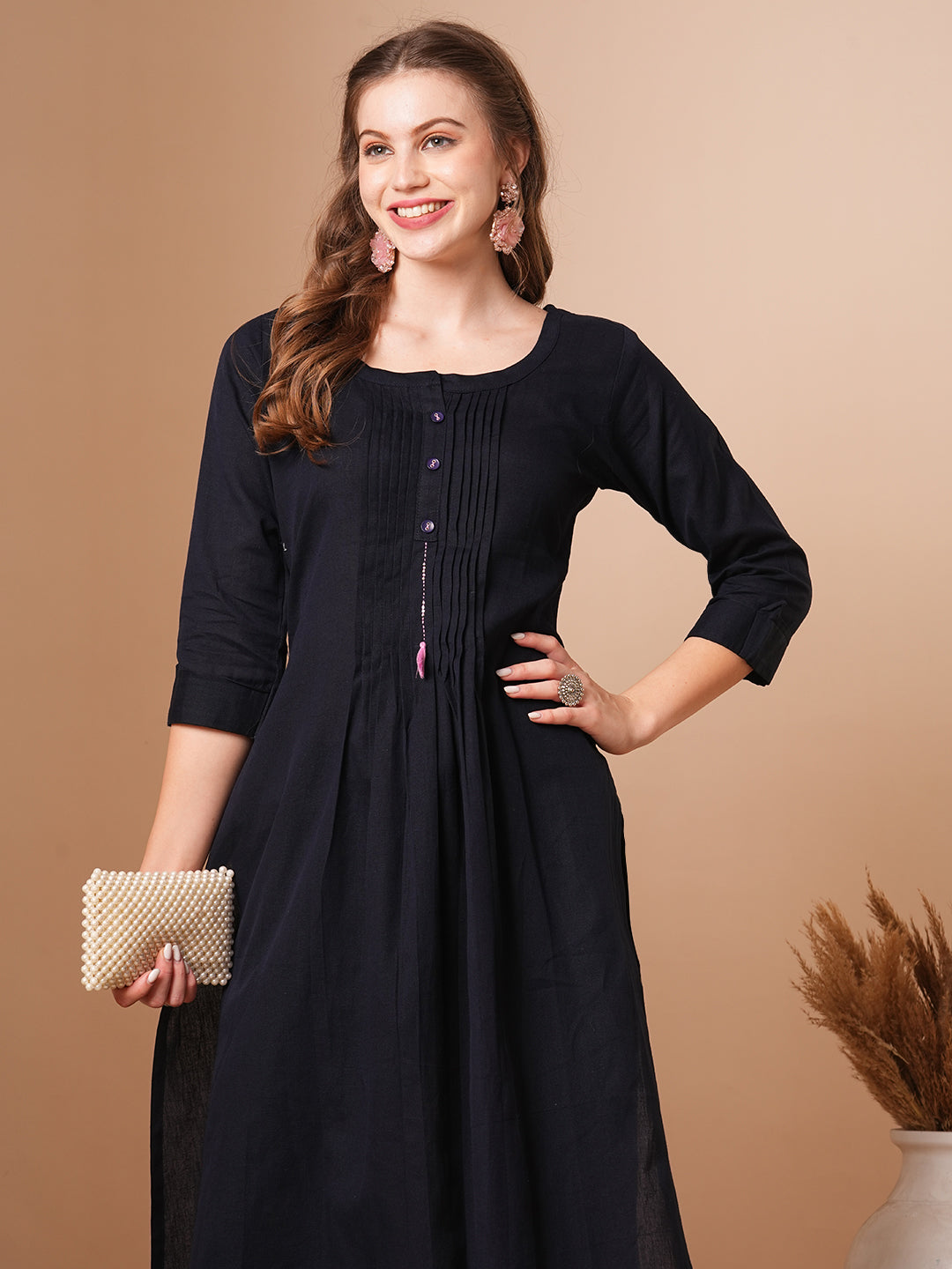 Solid Pin Tucked A-Line Cotton Flax Co-ord Set - Navy Blue