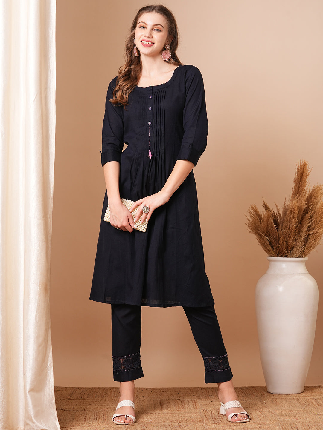 Solid Pin Tucked A-Line Cotton Flax Co-ord Set - Navy Blue