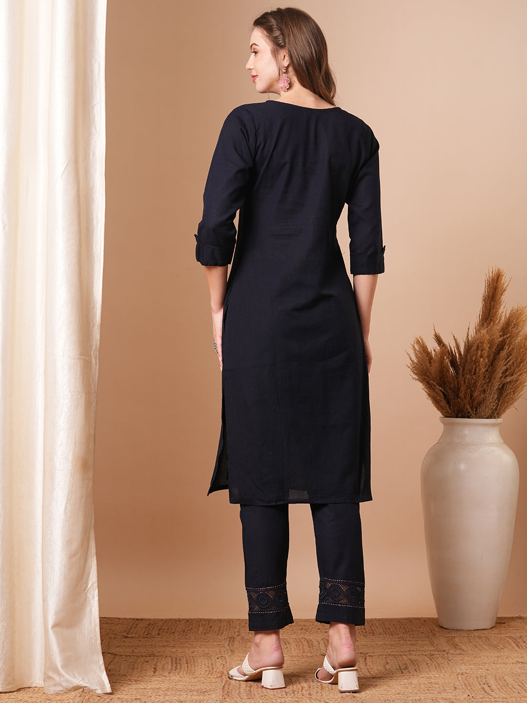 Solid Pin Tucked A-Line Cotton Flax Co-ord Set - Navy Blue