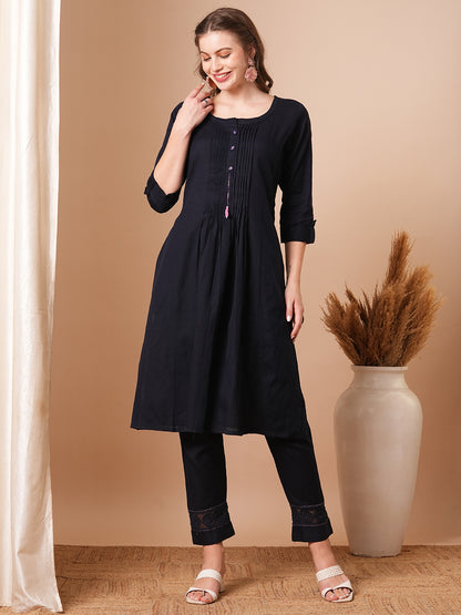 Solid Pin Tucked A-Line Cotton Flax Co-ord Set - Navy Blue