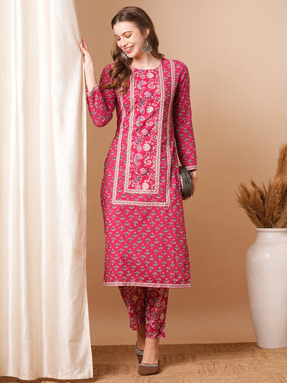 Ethnic Floral Printed Straight Fit Kurta with Pant - Pink