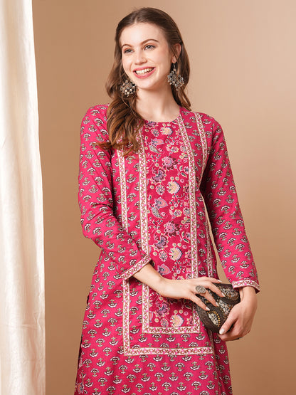 Ethnic Floral Printed Straight Fit Kurta with Pant - Pink