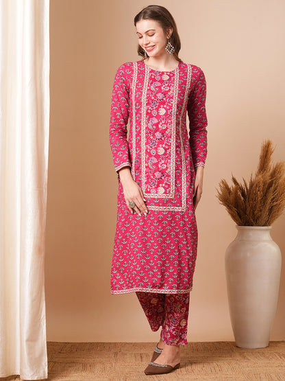 Ethnic Floral Printed Straight Fit Kurta with Pant - Pink