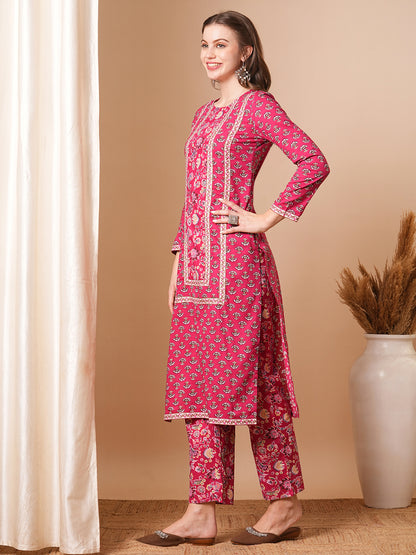 Ethnic Floral Printed Straight Fit Kurta with Pant - Pink