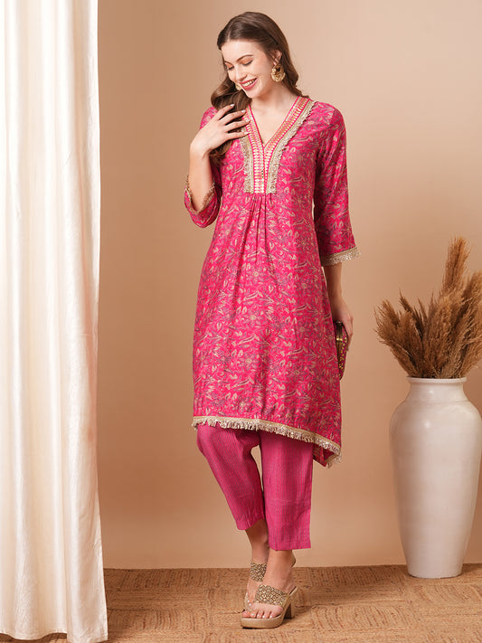 Abstract Floral Foil Printed & Embroidered A-Line Kurta with Pant - Pink