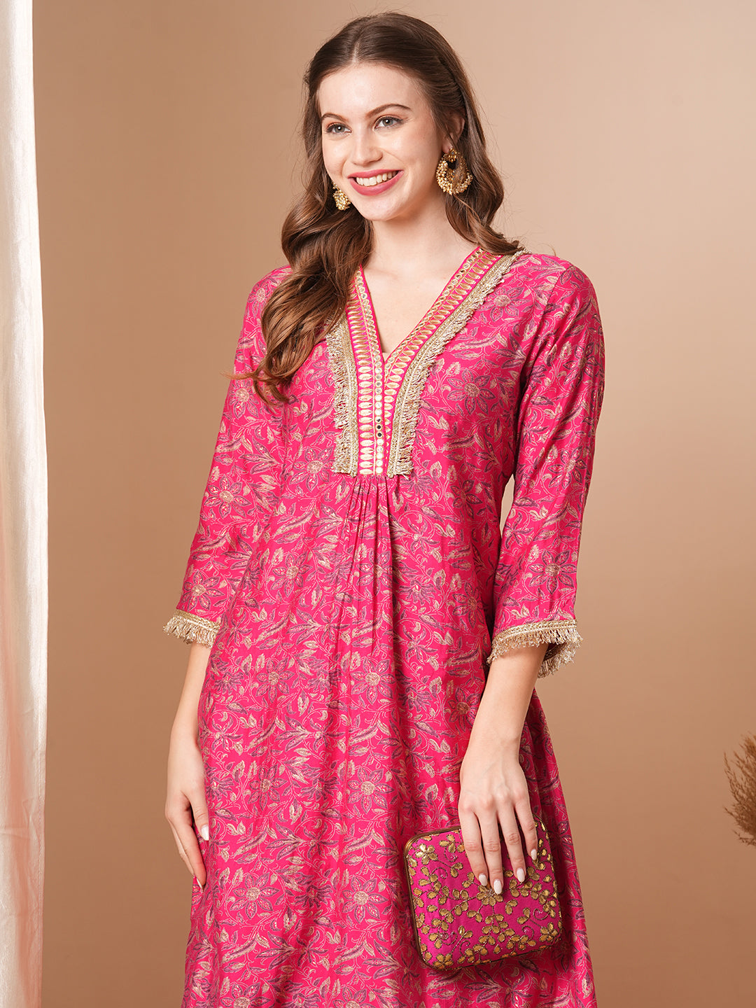 Abstract Floral Foil Printed & Embroidered A-Line Kurta with Pant - Pink