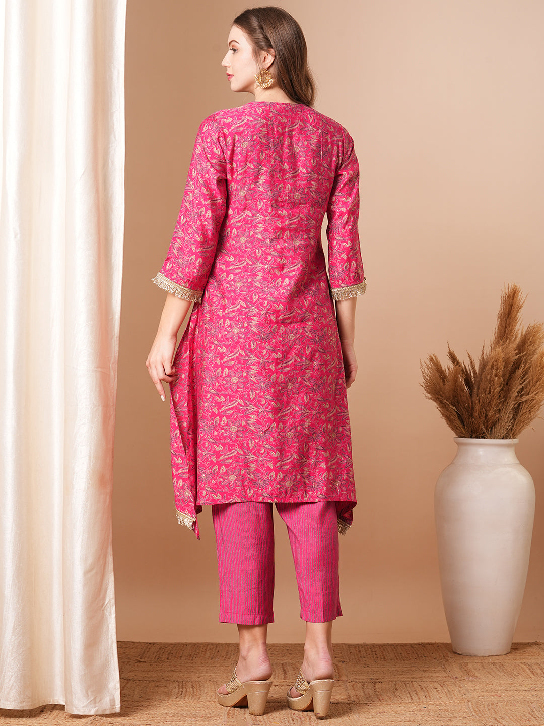 Abstract Floral Foil Printed & Embroidered A-Line Kurta with Pant - Pink