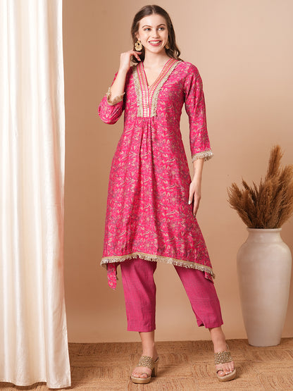 Abstract Floral Foil Printed & Embroidered A-Line Kurta with Pant - Pink