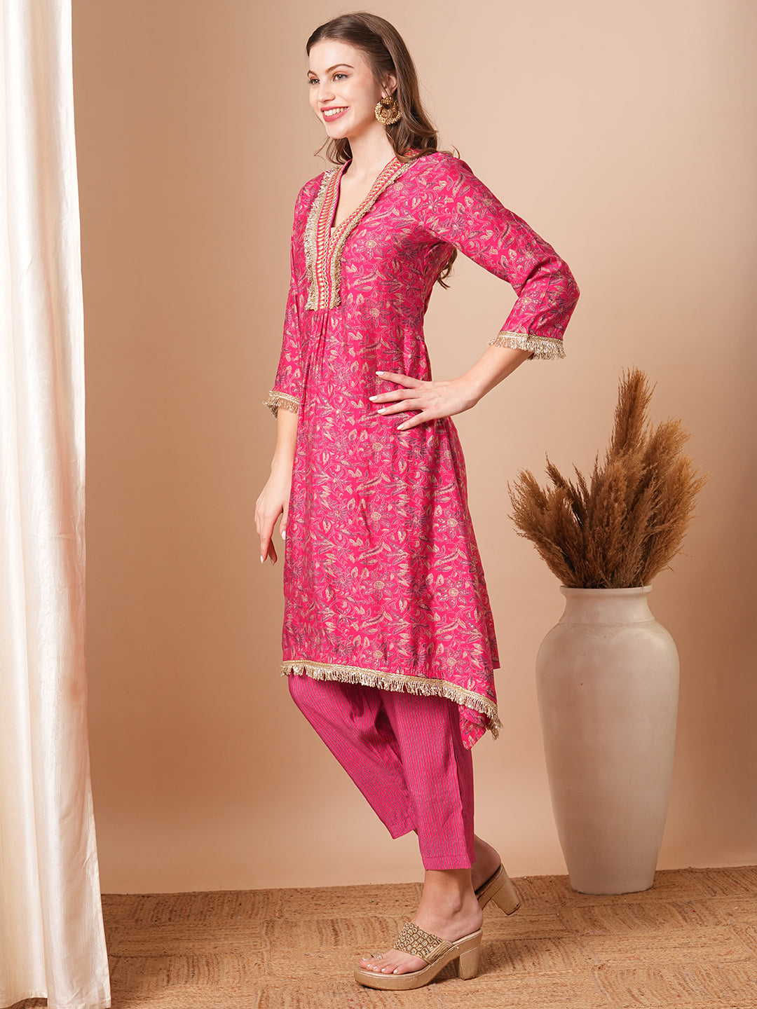 Abstract Floral Foil Printed & Embroidered A-Line Kurta with Pant - Pink