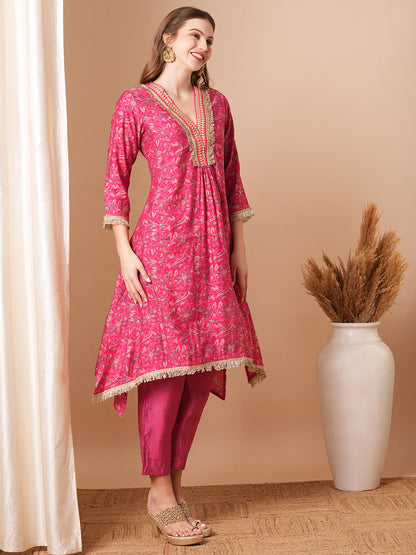 Abstract Floral Foil Printed & Embroidered A-Line Kurta with Pant - Pink