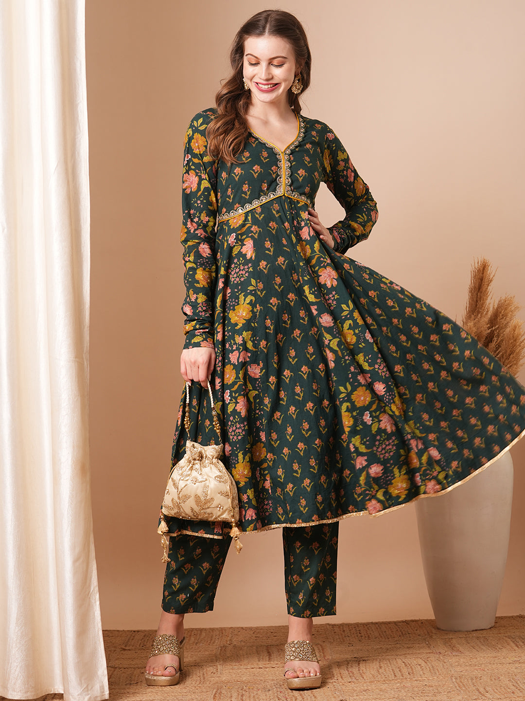 Ethnic Floral Printed & Embroidered Anarkali Flared Kurta with Pant - Green