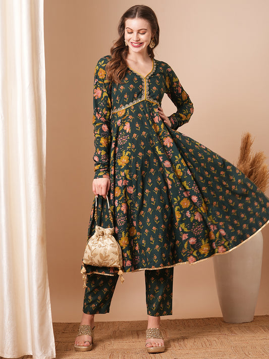 Ethnic Floral Printed & Embroidered Anarkali Flared Kurta with Pant - Green