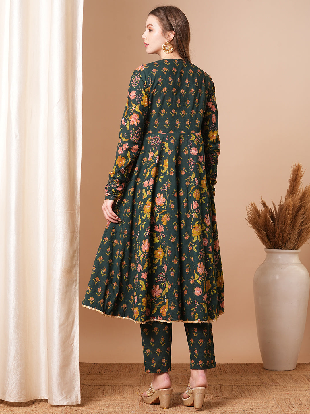 Ethnic Floral Printed & Embroidered Anarkali Flared Kurta with Pant - Green