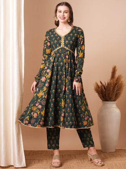 Ethnic Floral Printed & Embroidered Anarkali Flared Kurta with Pant - Green