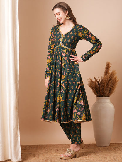 Ethnic Floral Printed & Embroidered Anarkali Flared Kurta with Pant - Green