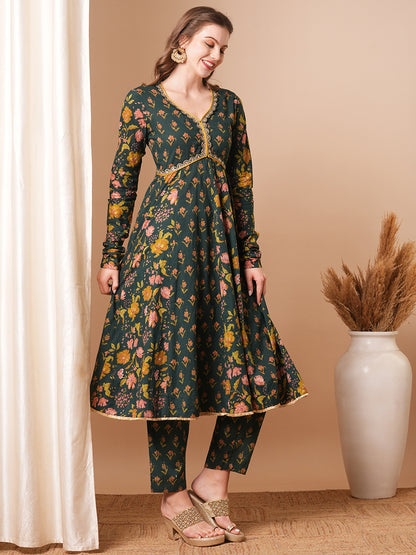 Ethnic Floral Printed & Embroidered Anarkali Flared Kurta with Pant - Green