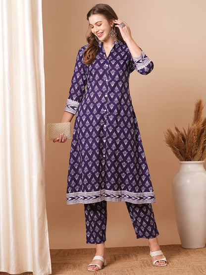 Ethnic Printed A-Line Kurta with Pant - Purple