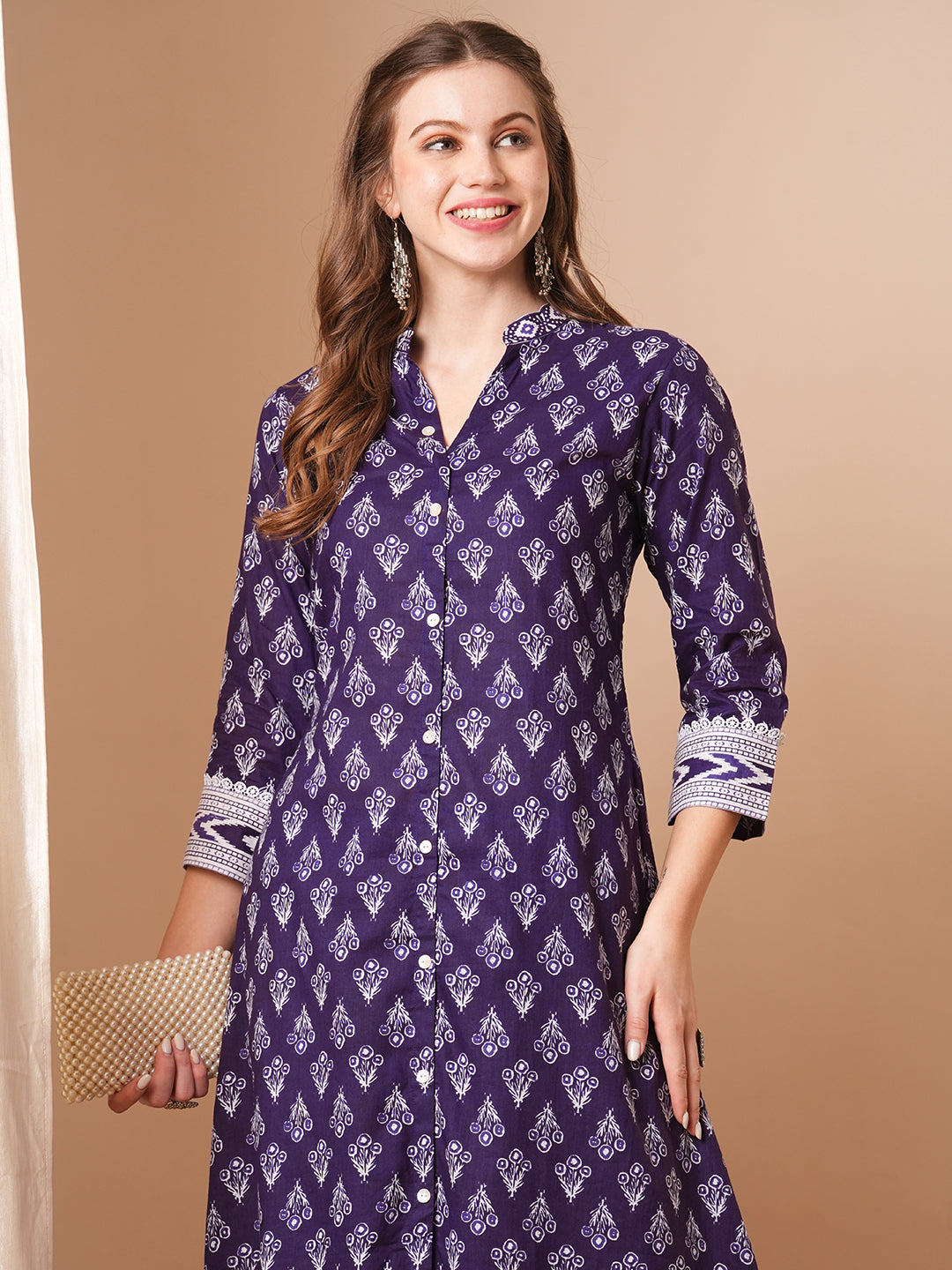 Ethnic Printed A-Line Kurta with Pant - Purple