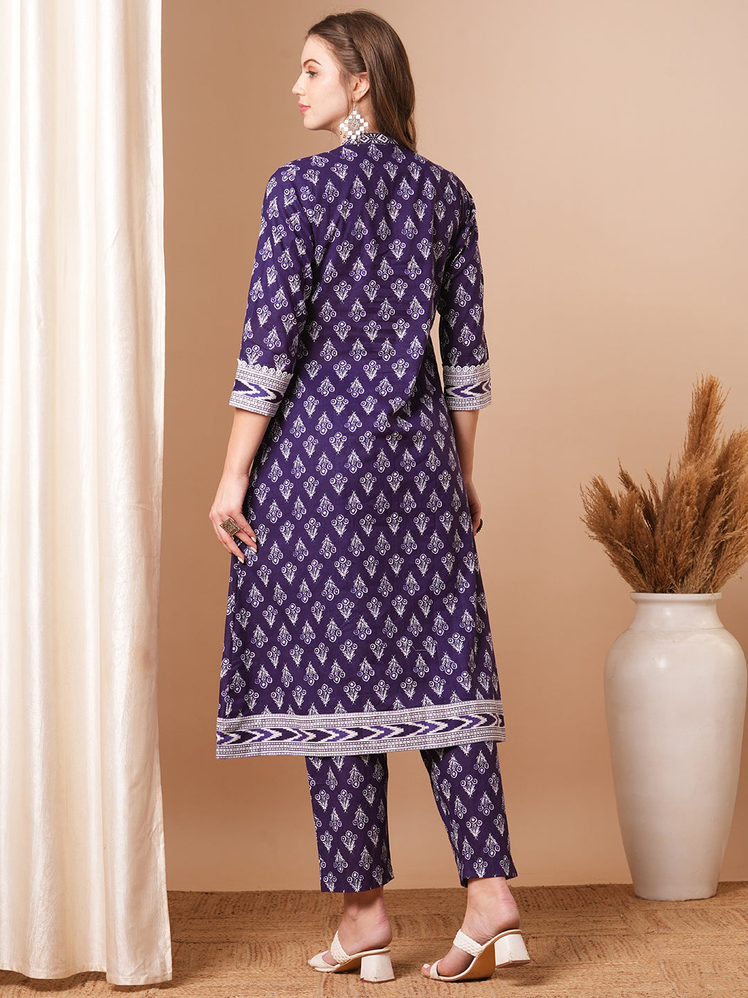 Ethnic Printed A-Line Kurta with Pant - Purple