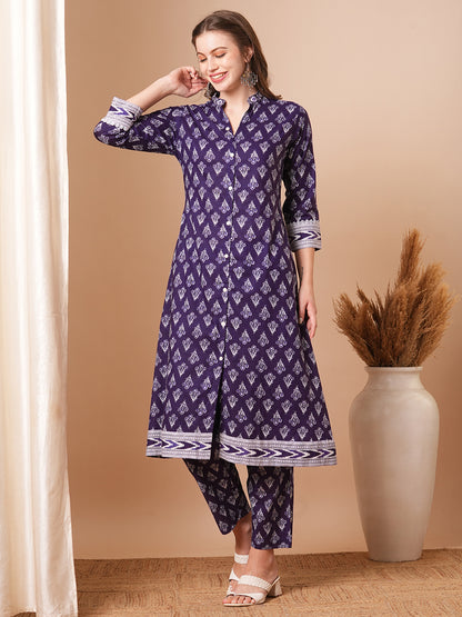 Ethnic Printed A-Line Kurta with Pant - Purple