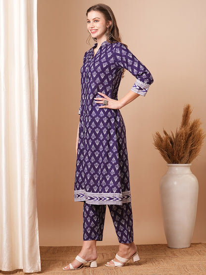 Ethnic Printed A-Line Kurta with Pant - Purple