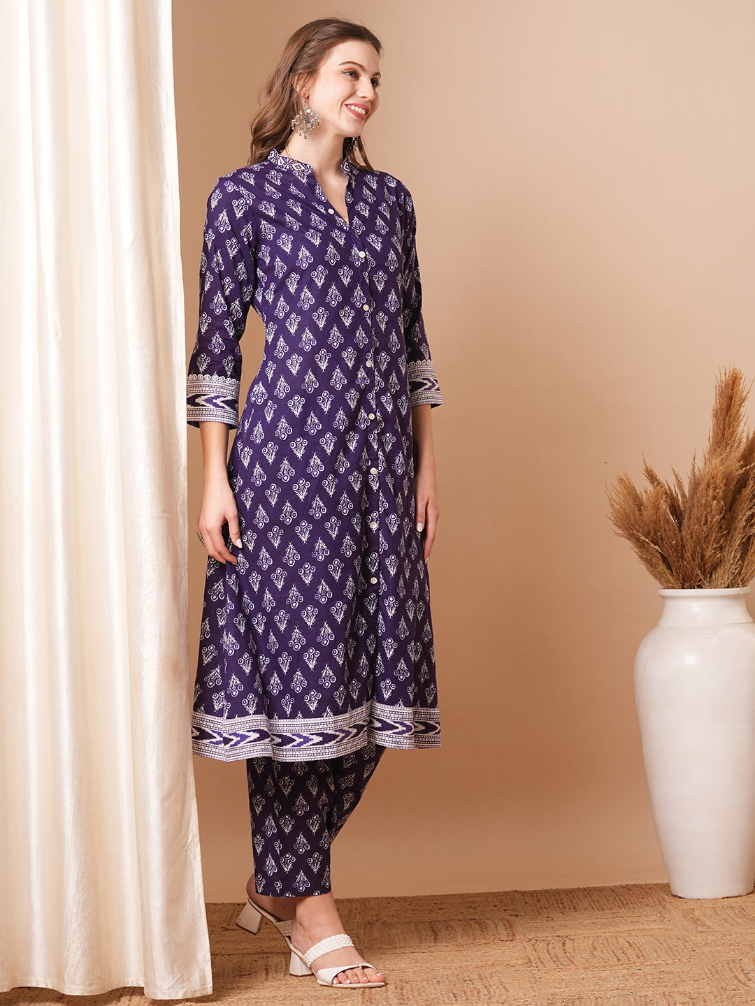 Ethnic Printed A-Line Kurta with Pant - Purple