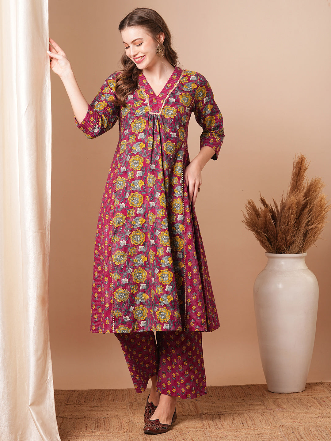 Ethnic Floral Printed A-Line Paneled Kurta with Palazzo - Purple