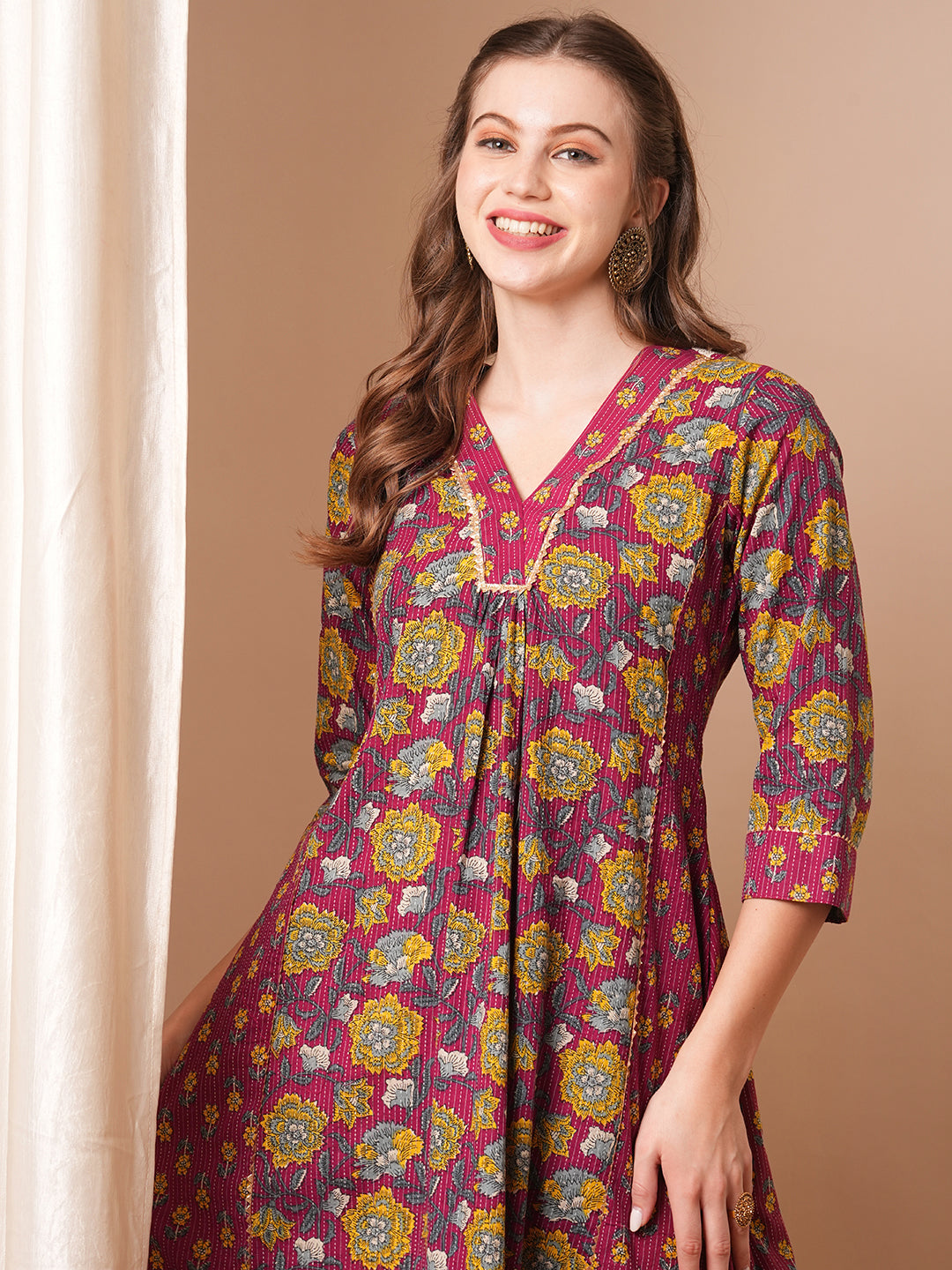 Ethnic Floral Printed A-Line Paneled Kurta with Palazzo - Purple