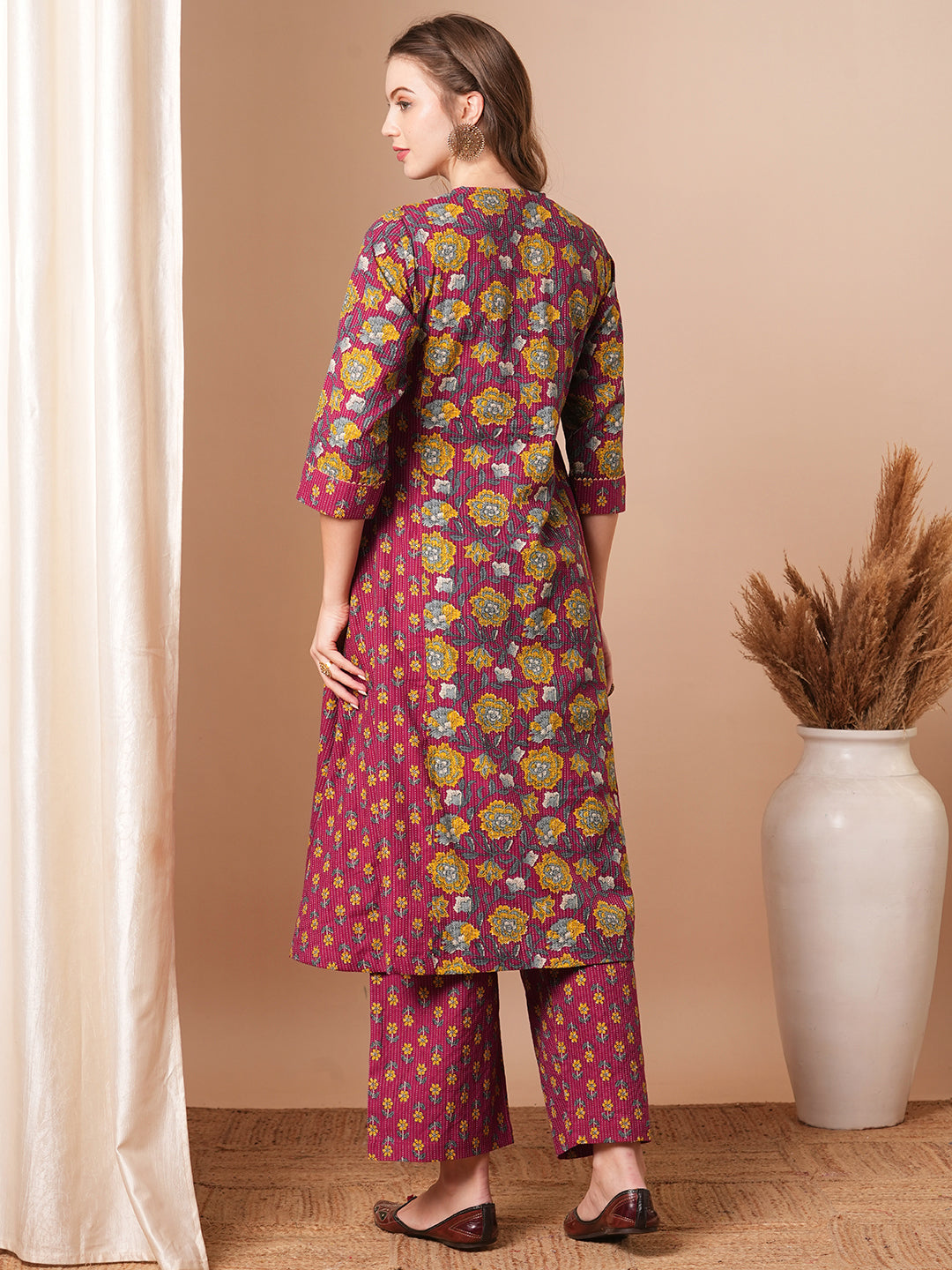 Ethnic Floral Printed A-Line Paneled Kurta with Palazzo - Purple