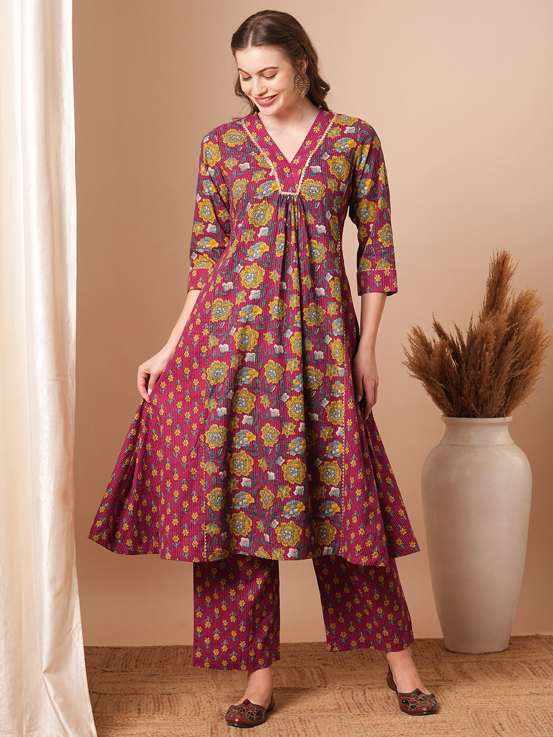 Ethnic Floral Printed A-Line Paneled Kurta with Palazzo - Purple