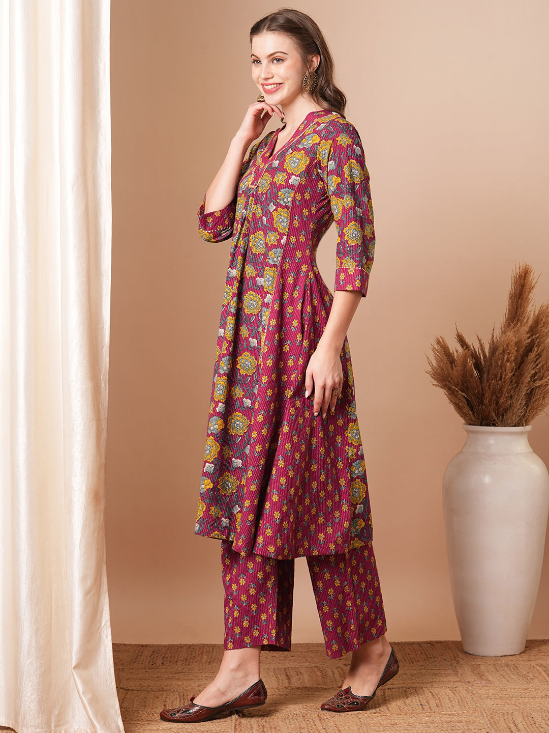 Ethnic Floral Printed A-Line Paneled Kurta with Palazzo - Purple