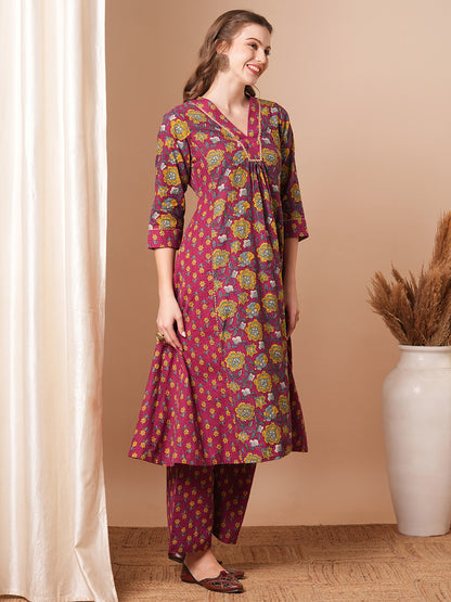 Ethnic Floral Printed A-Line Paneled Kurta with Palazzo - Purple