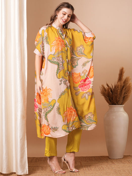 Floral Printed & Embroidered Kaftan Kurta with Pant - Mustard