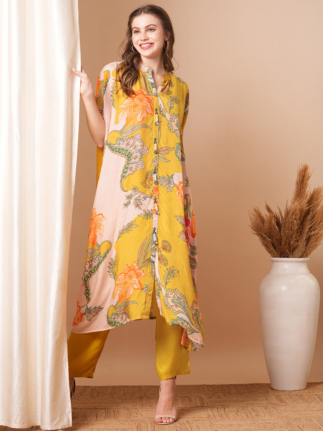 Floral Printed & Embroidered Kaftan Kurta with Pant - Mustard