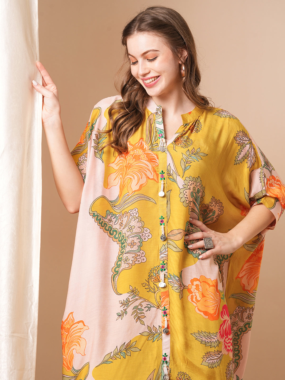 Floral Printed & Embroidered Kaftan Kurta with Pant - Mustard