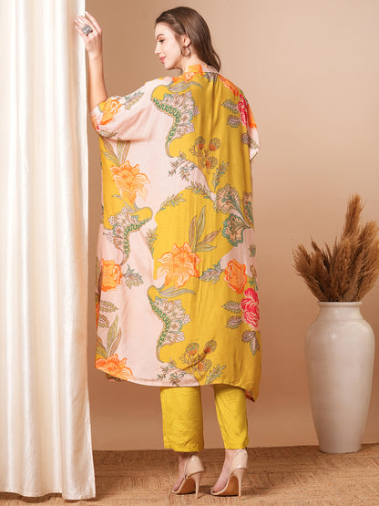 Floral Printed & Embroidered Kaftan Kurta with Pant - Mustard