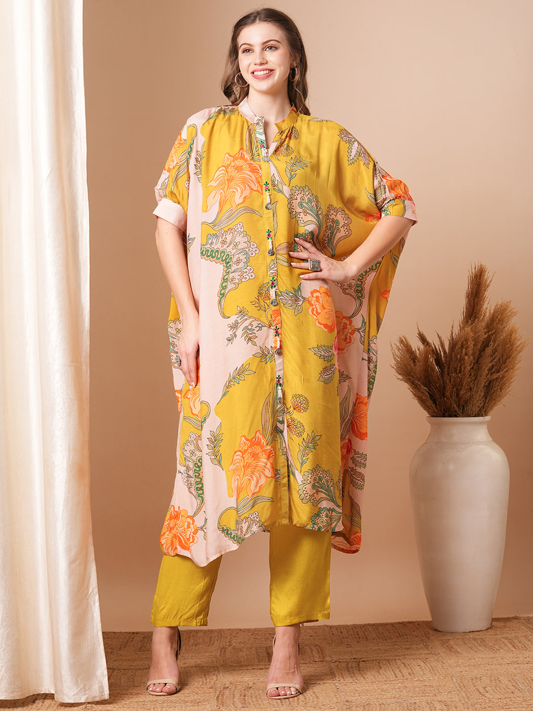 Floral Printed & Embroidered Kaftan Kurta with Pant - Mustard