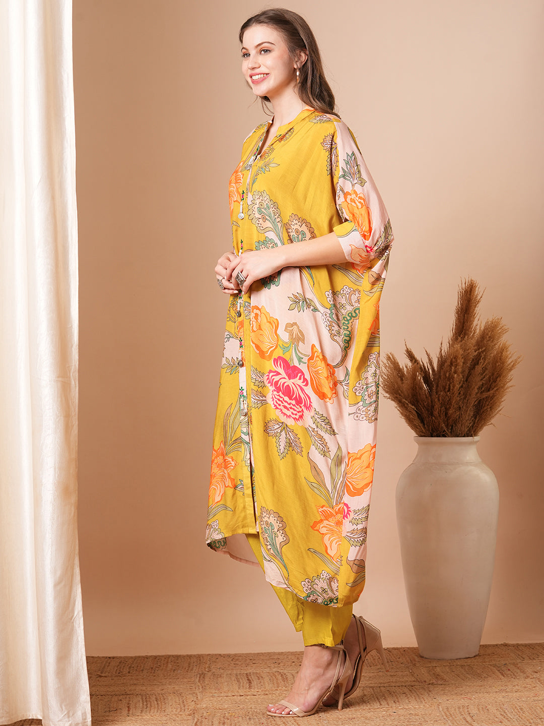 Floral Printed & Embroidered Kaftan Kurta with Pant - Mustard