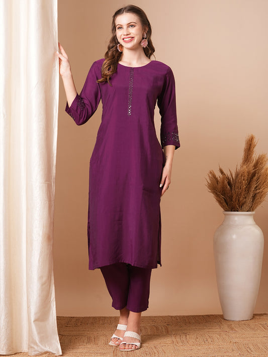 Solid Mirror Embroidered Straight Fit Kurta with Pant - Purple