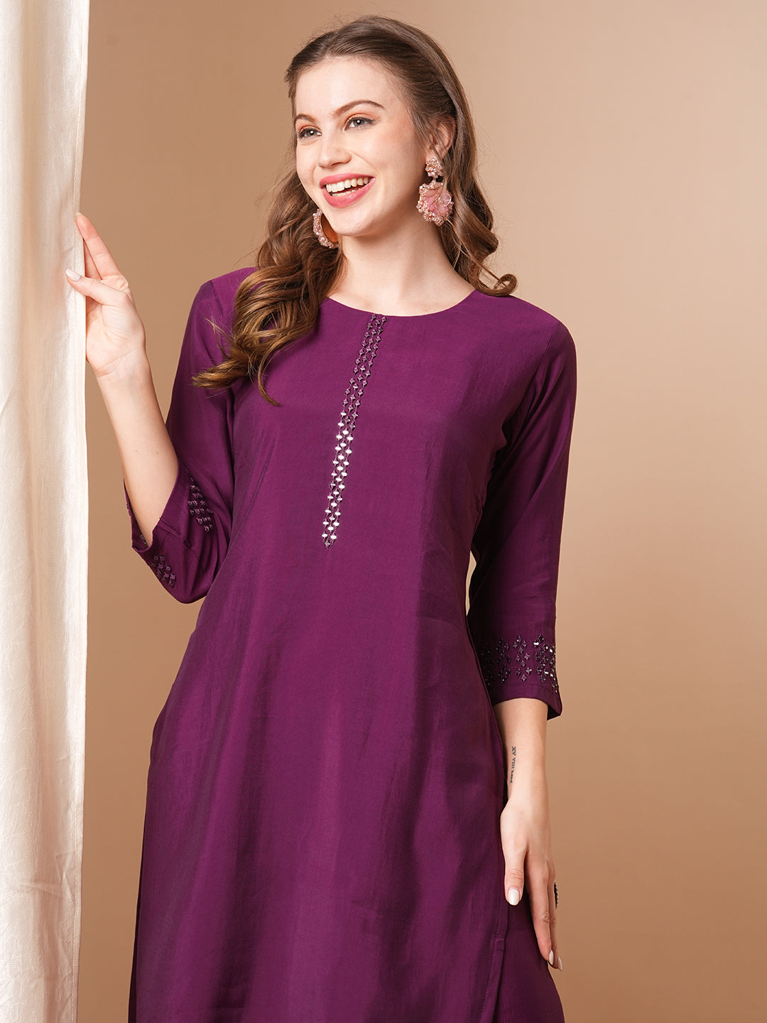 Solid Mirror Embroidered Straight Fit Kurta with Pant - Purple