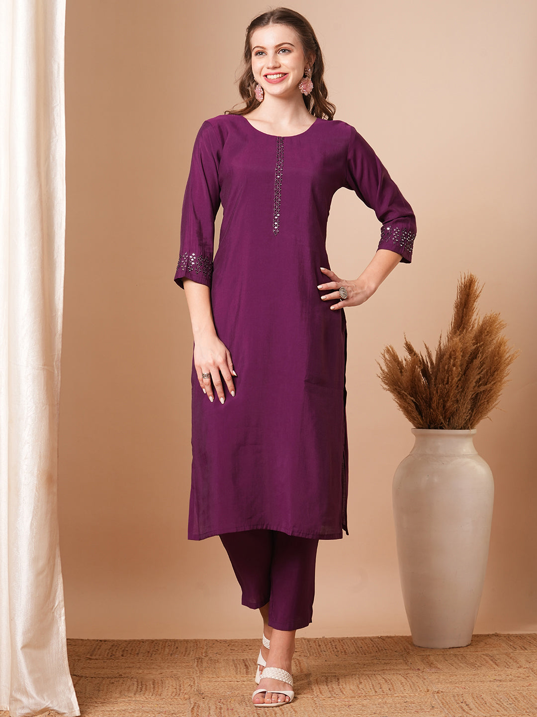 Solid Mirror Embroidered Straight Fit Kurta with Pant - Purple