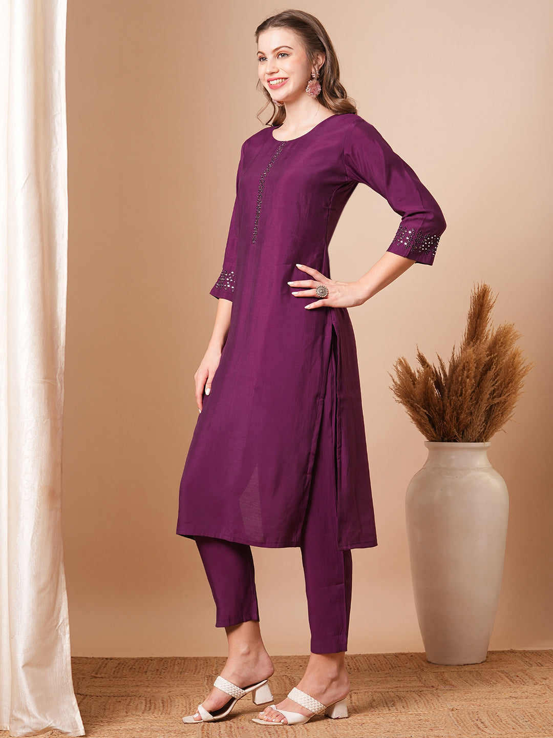 Solid Mirror Embroidered Straight Fit Kurta with Pant - Purple